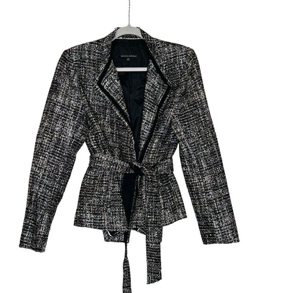 Banana Republic Navy Plaid Raw Cut Tweed Wrap Jacket | M - Picture 6 of 10